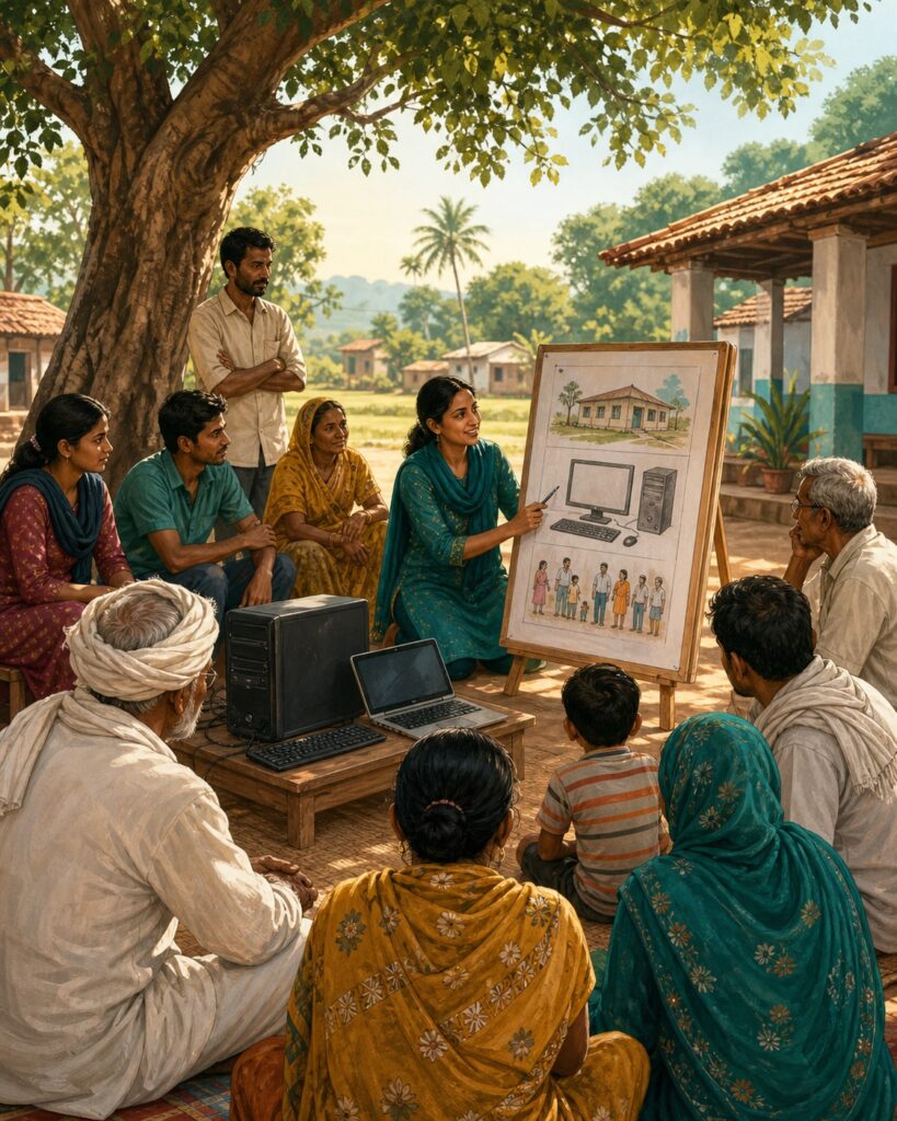 Illustration for DAANVEER: Ministry invites public to donate computers to verified Gram Panchayats: community members working together on local governance.